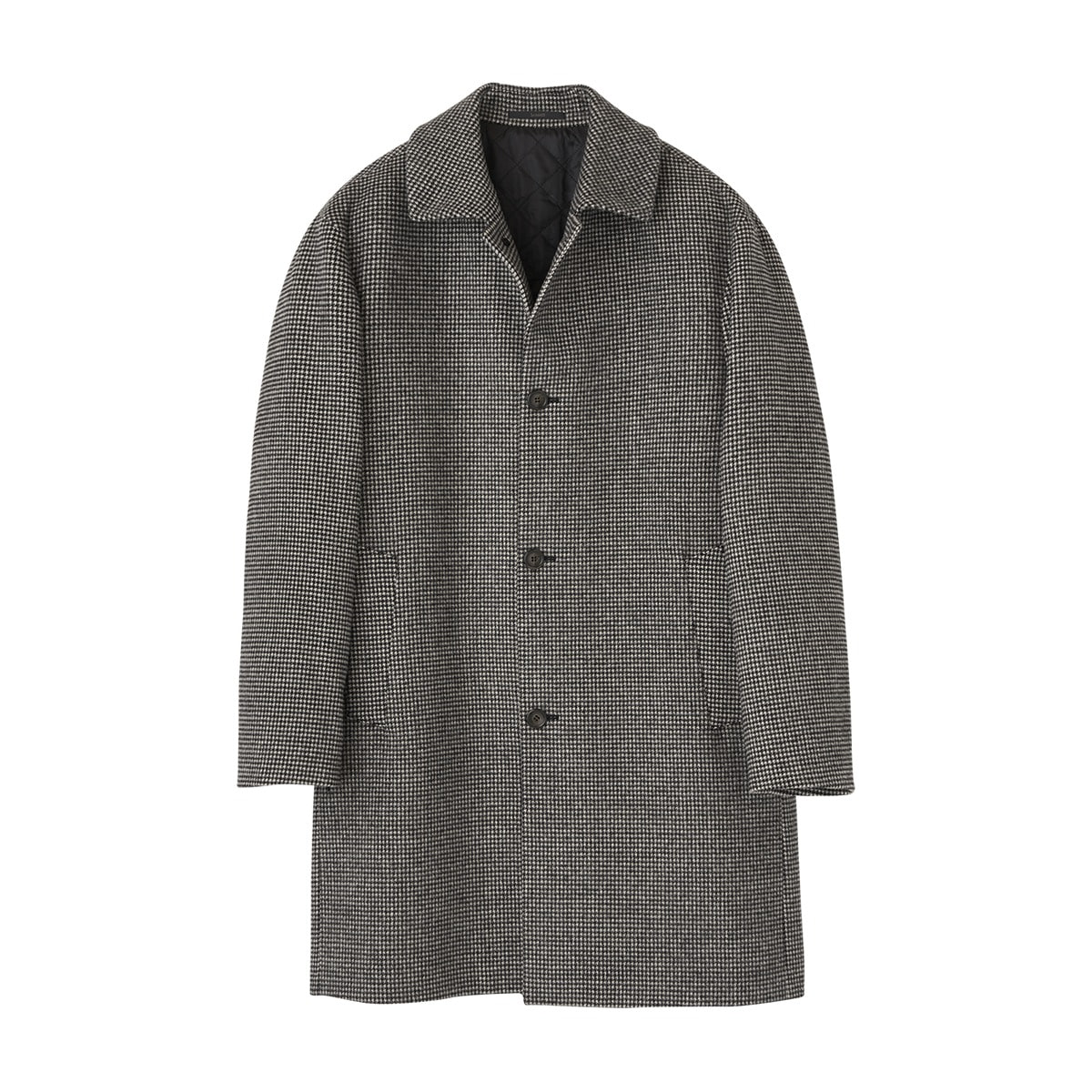 Grey Houndtooth Wool-Blended Balmacaan Coat